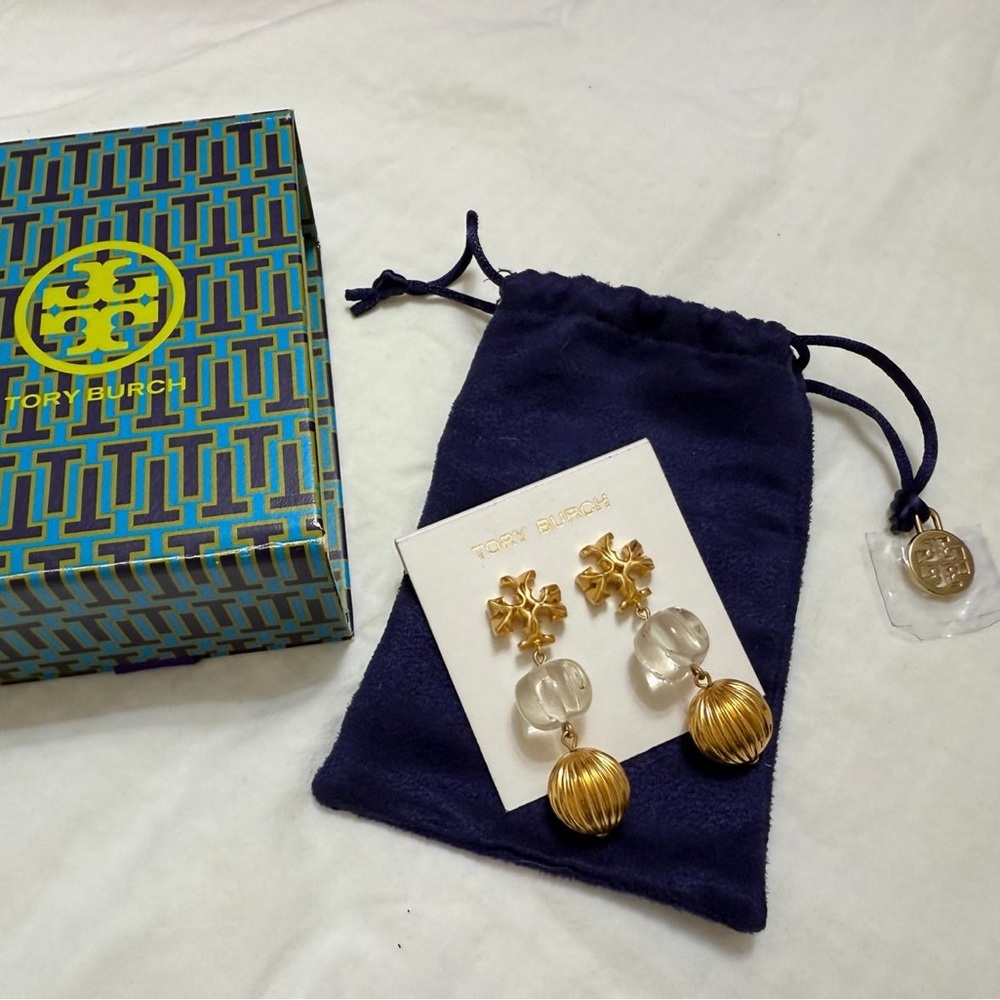 Tory Burch Gold and Clear Drop Earrings